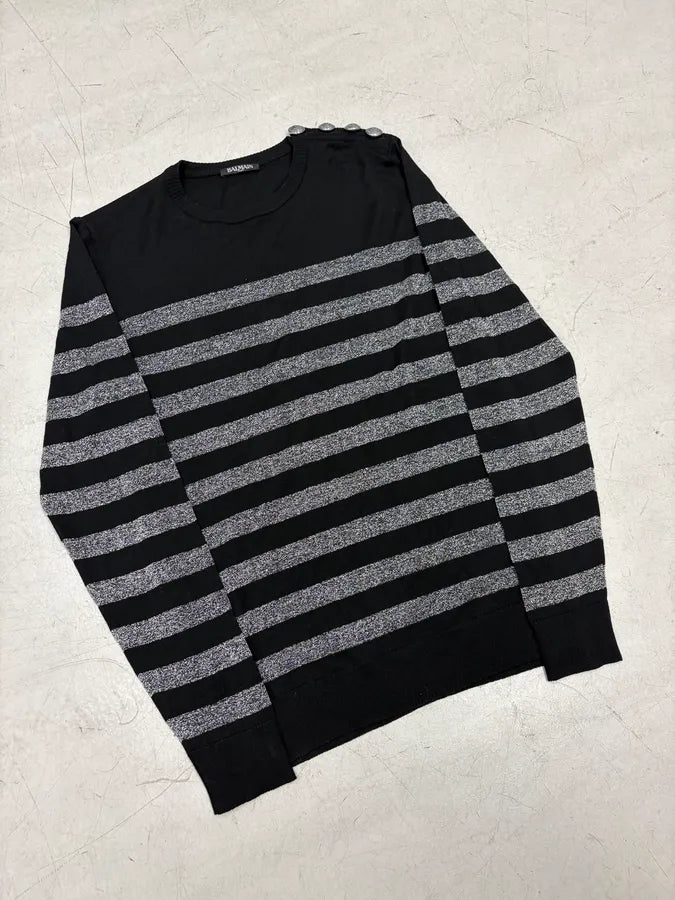 AW2018 Balmain Silver & Black Wool Striped Buttoned Sweater IfZtcJe 3