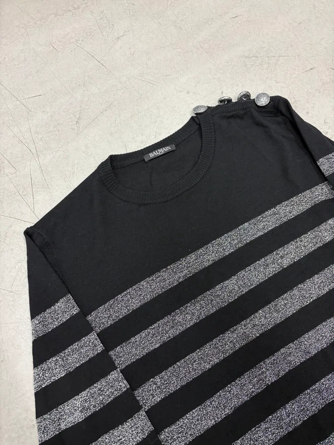AW2018 Balmain Silver & Black Wool Striped Buttoned Sweater IfZtcJe 4