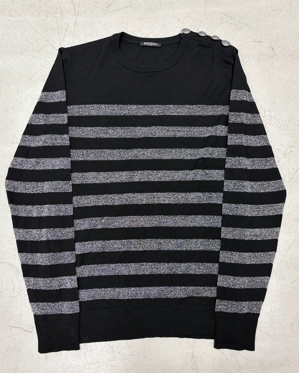 AW2018 Balmain Silver & Black Wool Striped Buttoned Sweater IfZtcJe 0