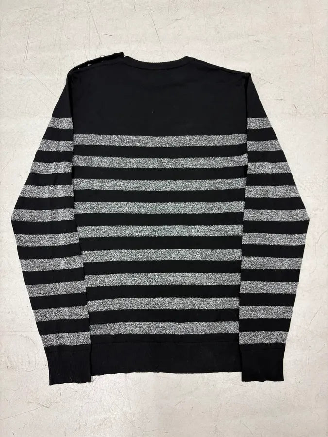 AW2018 Balmain Silver & Black Wool Striped Buttoned Sweater IfZtcJe 5
