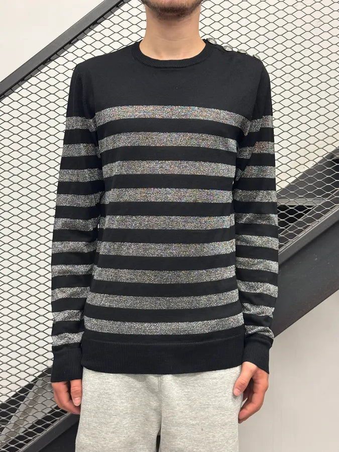 AW2018 Balmain Silver & Black Wool Striped Buttoned Sweater IfZtcJe 1
