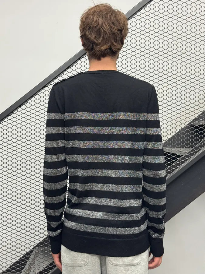 AW2018 Balmain Silver & Black Wool Striped Buttoned Sweater IfZtcJe 2