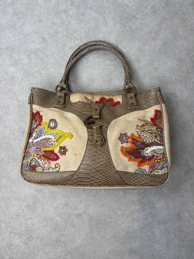 2010s Cavalli Beaded Floral Canvas & Faux Python Shoulder Bag fylgxuG 0
