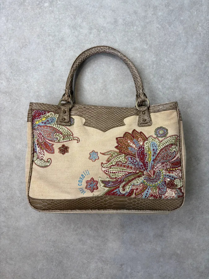 2010s Cavalli Beaded Floral Canvas & Faux Python Shoulder Bag fylgxuG 3