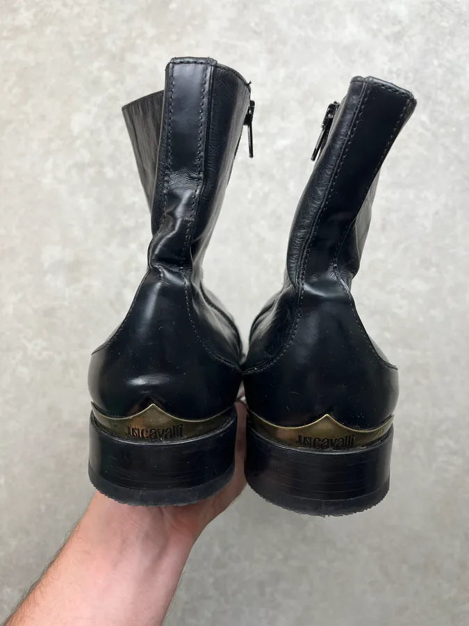 2010s Cavalli Biker Black Leather Ankle Boots eMTxiAr 4