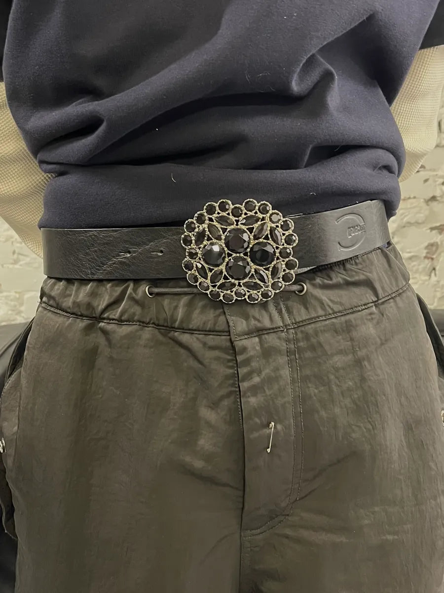 2010s Cavalli Black Ornament Flower Buckle Leather Belt SzATlql 1