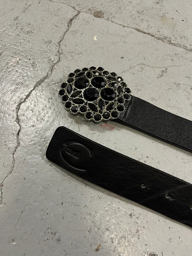 2010s Cavalli Black Ornament Flower Buckle Leather Belt SzATlql 3