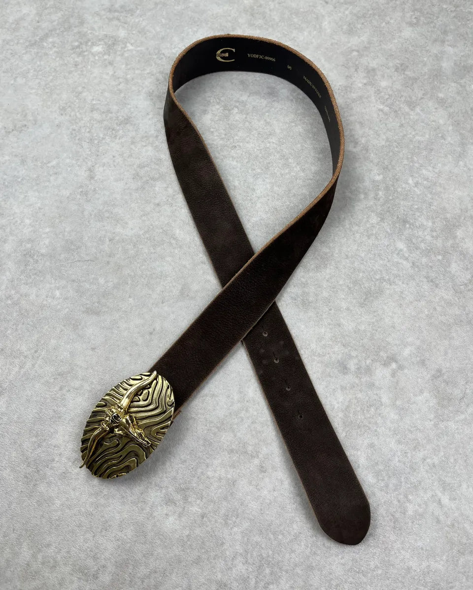 2010s Cavalli Brown Leather Gold Bull Buckle Belt nvgvSnh 0