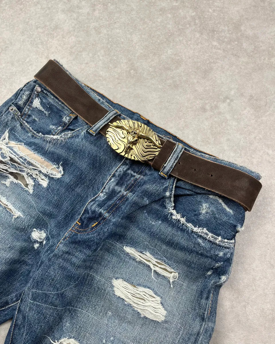 2010s Cavalli Brown Leather Gold Bull Buckle Belt nvgvSnh 1