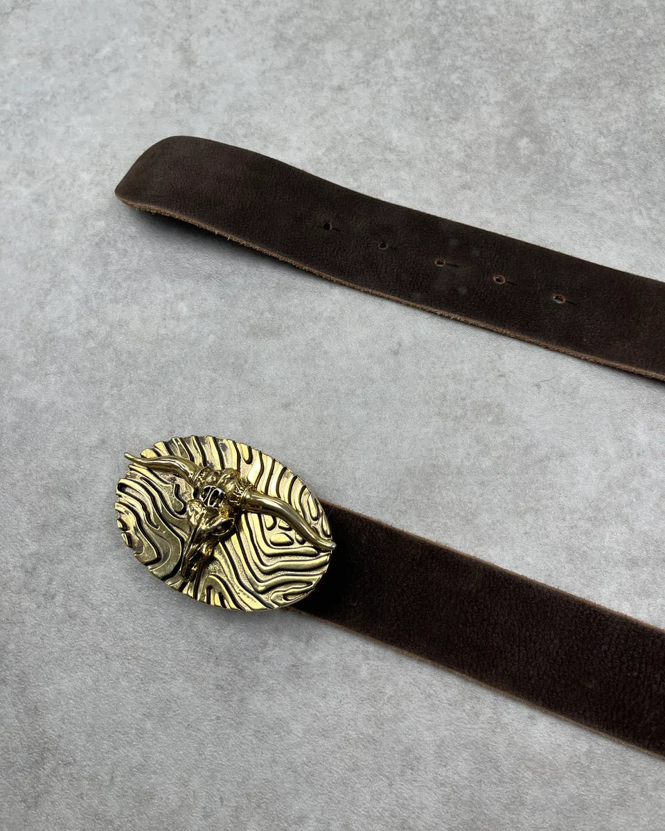 2010s Cavalli Brown Leather Gold Bull Buckle Belt nvgvSnh 3