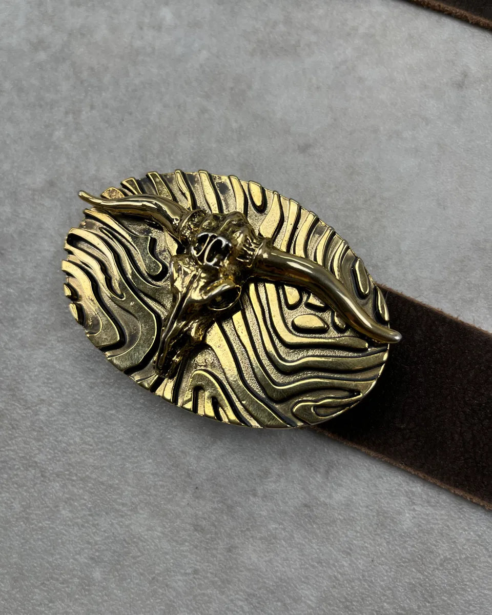 2010s Cavalli Brown Leather Gold Bull Buckle Belt nvgvSnh 4