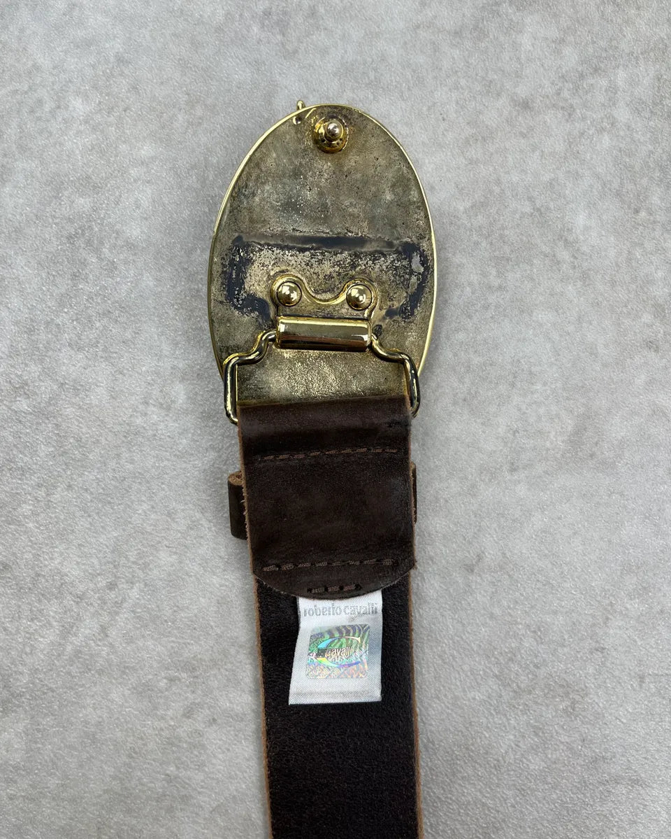 2010s Cavalli Brown Leather Gold Bull Buckle Belt nvgvSnh 6