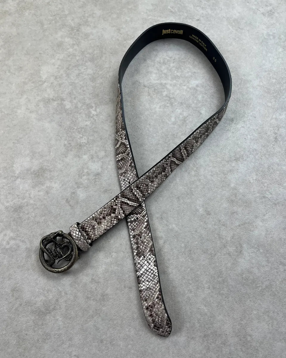 2010s Cavalli Grey & Brown Python Effect Leather Snake Buckle Belt rSriZrB 0