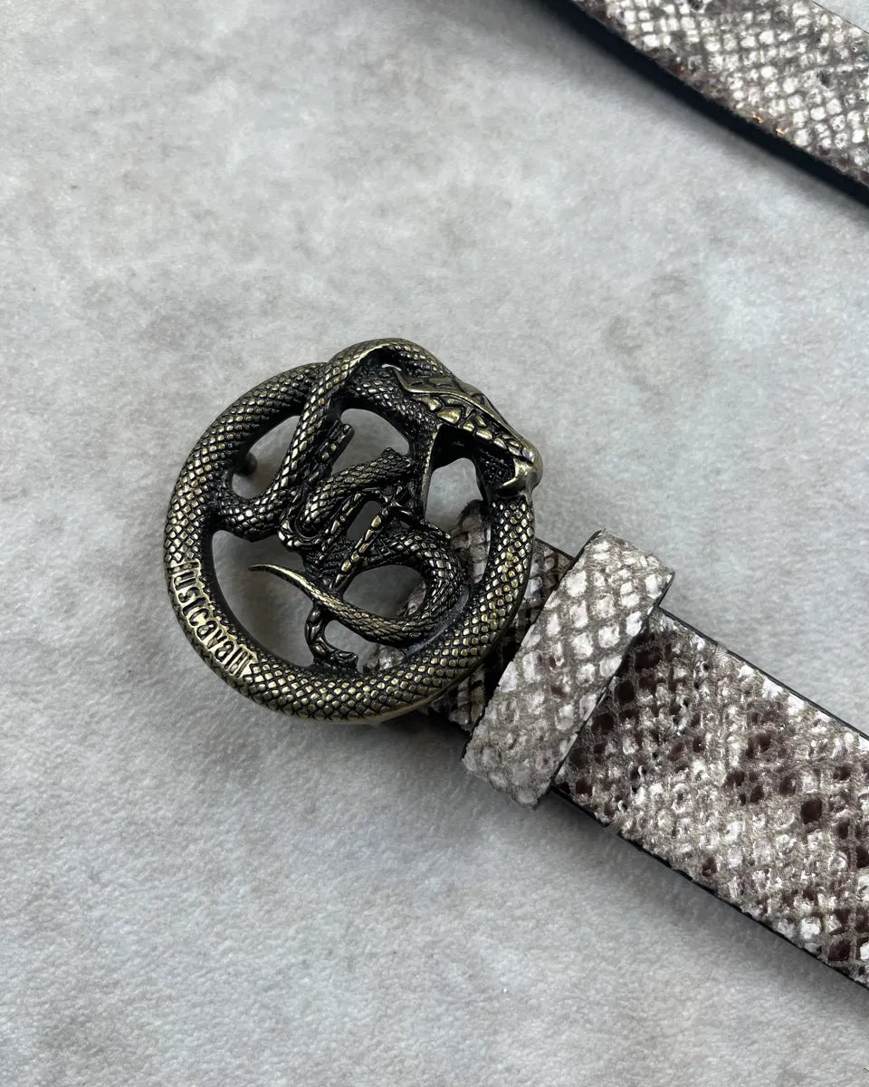 2010s Cavalli Grey & Brown Python Effect Leather Snake Buckle Belt rSriZrB 4