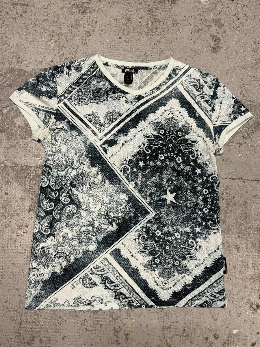 2010s Cavalli Ornament Blue Presley Print T-Shirt gfeaIOc 0