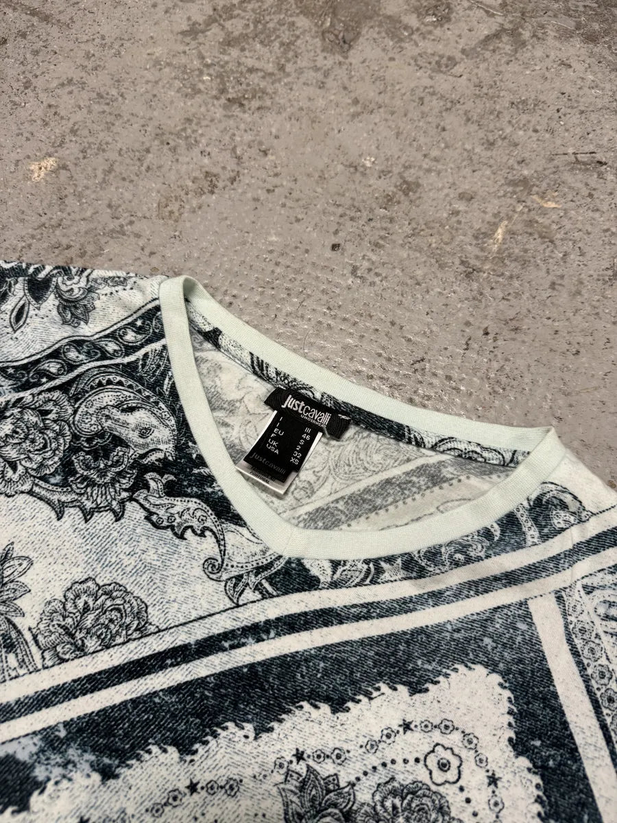 2010s Cavalli Ornament Blue Presley Print T-Shirt gfeaIOc 4