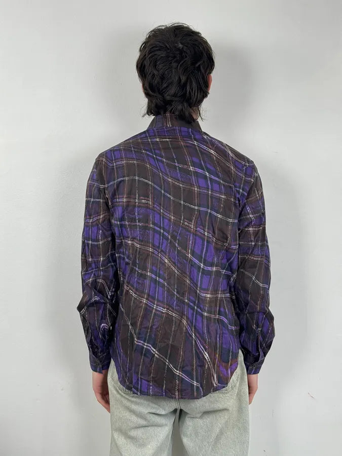 2010s Cavalli Purple Burnt Distortion Effect Checkered Shirt IqIobGr 2