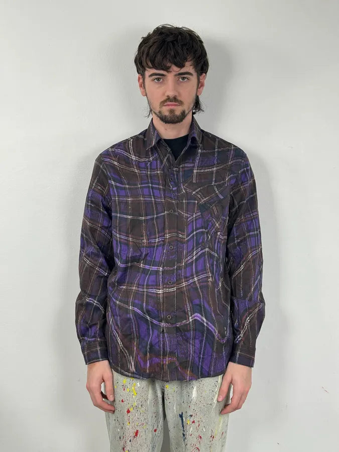 2010s Cavalli Purple Burnt Distortion Effect Checkered Shirt IqIobGr 1