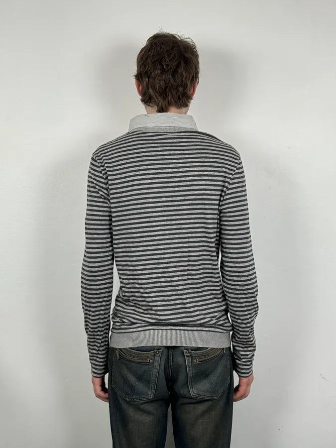 2010s Cavalli Trompe L’oeil Grey Black Striped 2 in 1 Shirt Sweater jXhlemy 2