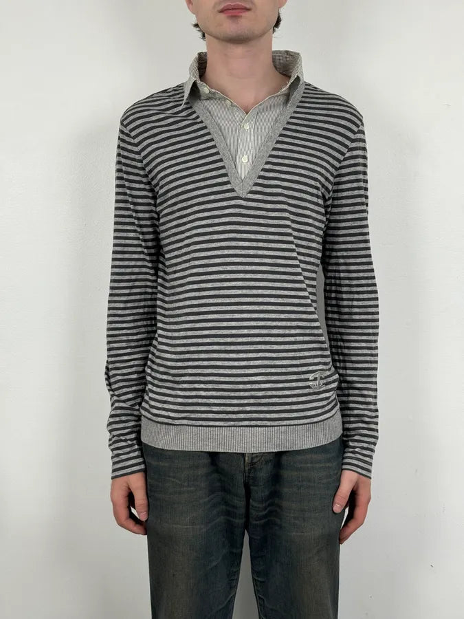 2010s Cavalli Trompe L’oeil Grey Black Striped 2 in 1 Shirt Sweater jXhlemy 1