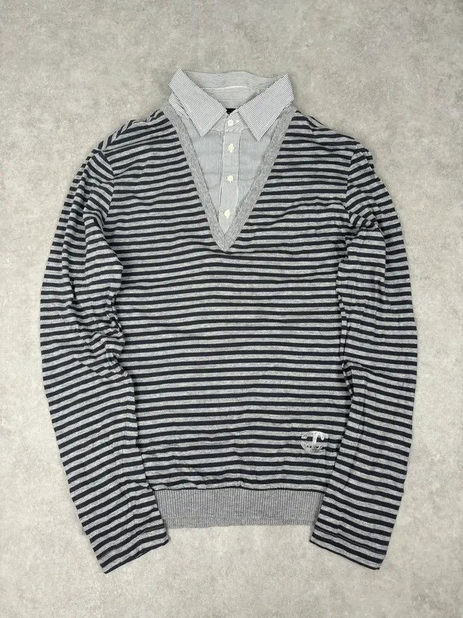 2010s Cavalli Trompe L’oeil Grey Black Striped 2 in 1 Shirt Sweater jXhlemy 0