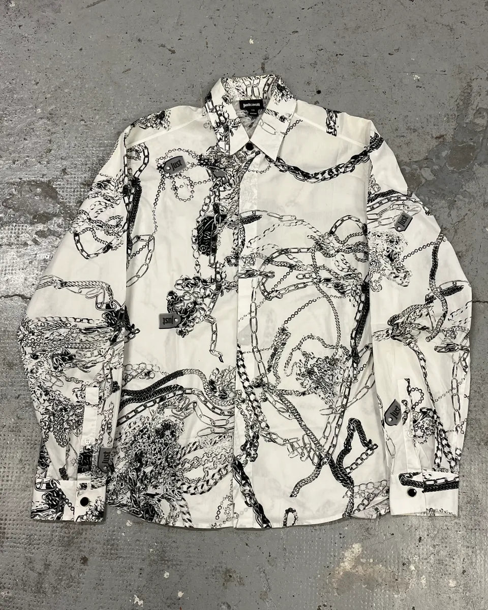 AW2019 Cavalli White Chain Linked Mafia Shirt MQzWlTk 0