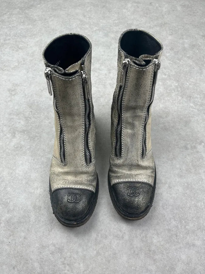 2010s Chanel Beige Metallic Suede Zip Biker Boots cDPqJYx 1