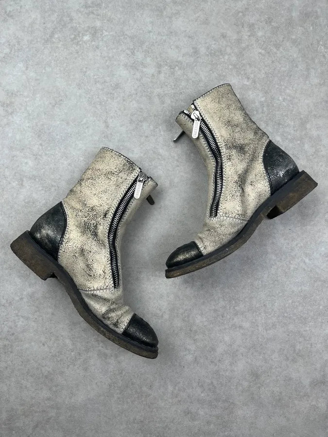 2010s Chanel Beige Metallic Suede Zip Biker Boots cDPqJYx 3
