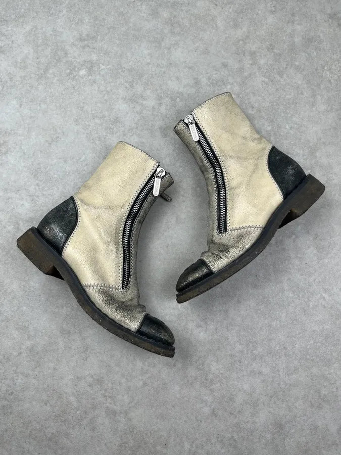 2010s Chanel Beige Metallic Suede Zip Biker Boots cDPqJYx 4