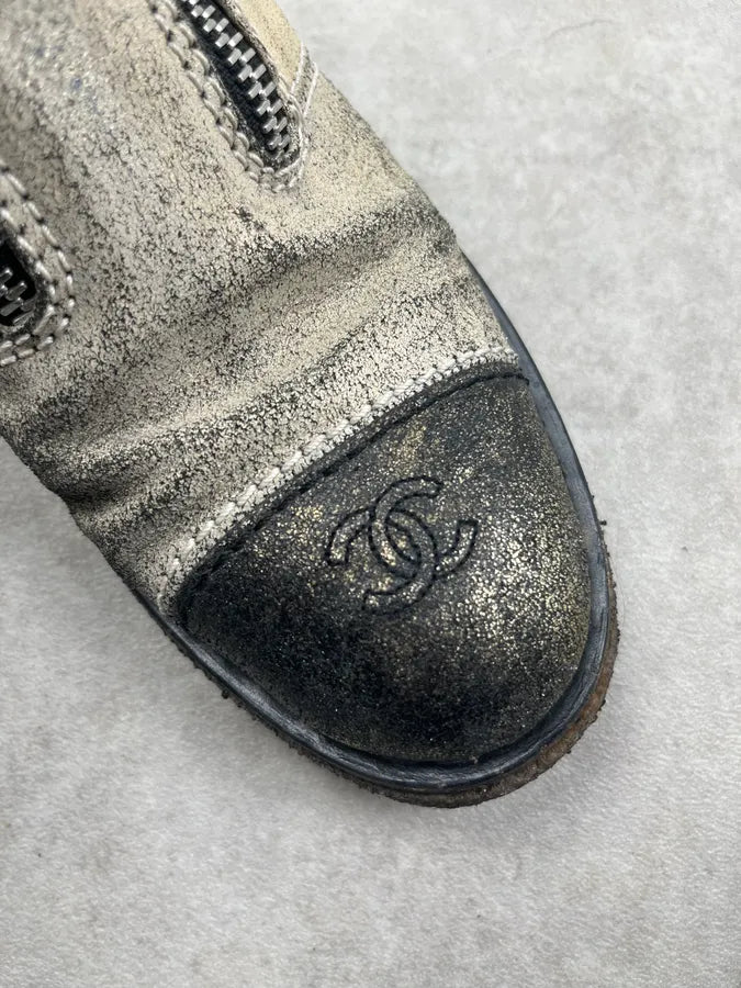 2010s Chanel Beige Metallic Suede Zip Biker Boots cDPqJYx 7