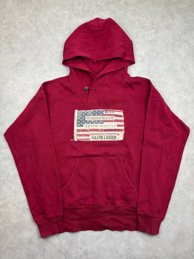 2010s Ralph Lauren Bordeaux American Flag Patch Hoodie oOiucuE 0