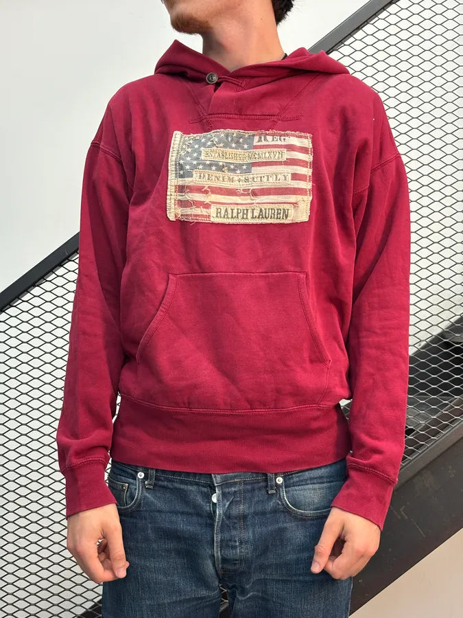 2010s Ralph Lauren Bordeaux American Flag Patch Hoodie oOiucuE 1