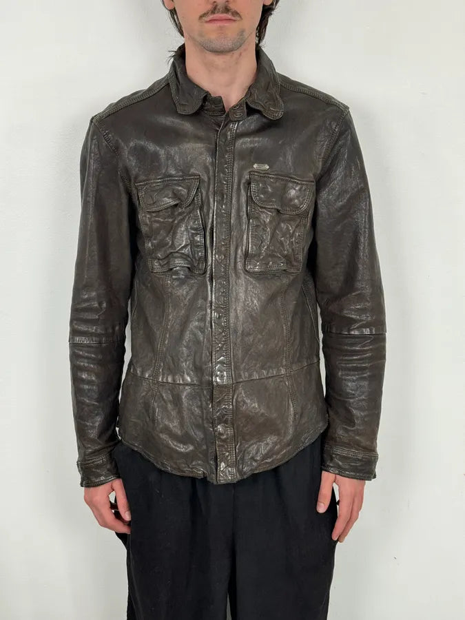 2000s Diesel Brown Cargo Leather Shirt Jacket zONdAtc 0