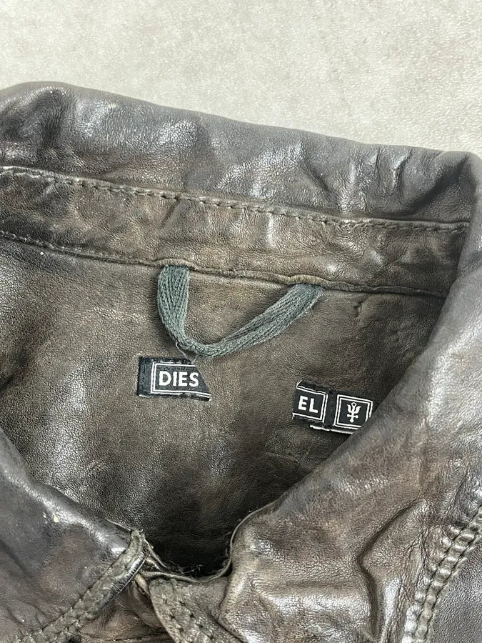 2000s Diesel Brown Cargo Leather Shirt Jacket zONdAtc 9