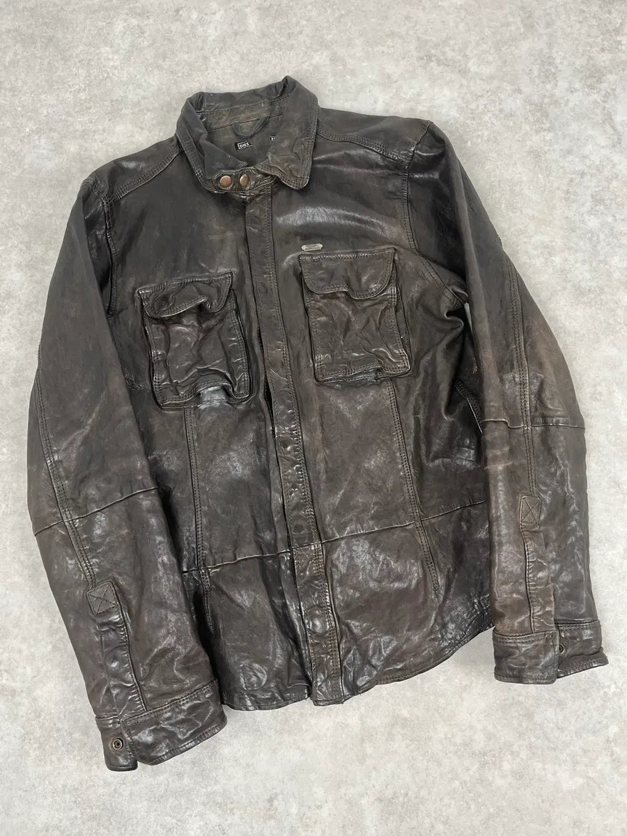 2000s Diesel Brown Cargo Leather Shirt Jacket zONdAtc 3