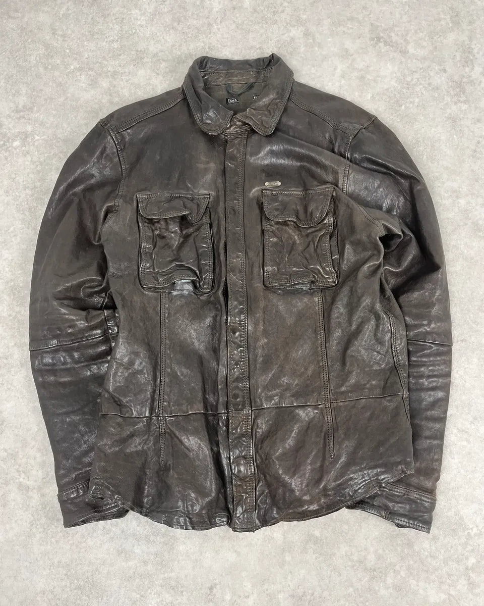 2000s Diesel Brown Cargo Leather Shirt Jacket zONdAtc 2