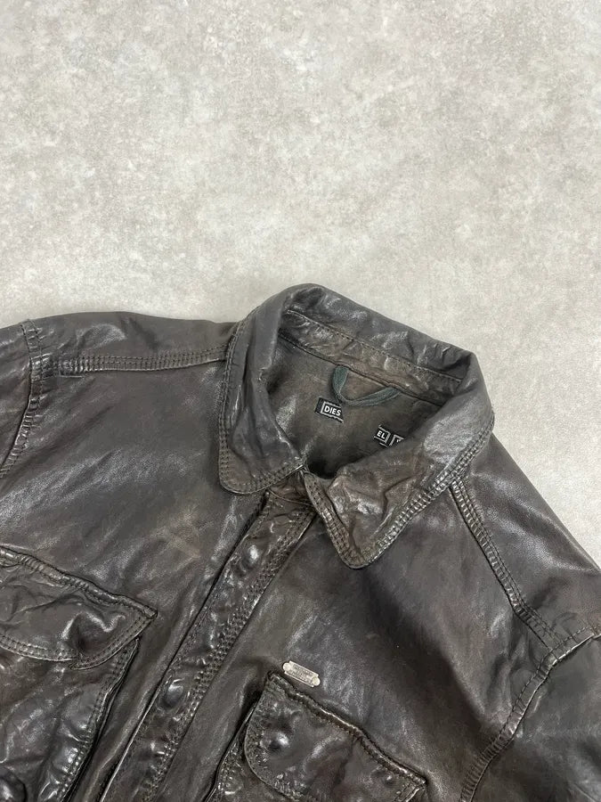 2000s Diesel Brown Cargo Leather Shirt Jacket zONdAtc 4