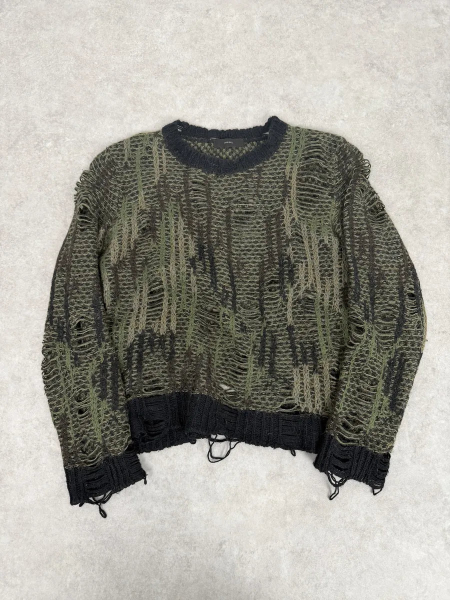 2010s Diesel Camo Green & Black Experimental Destroyed Sweater cjVueBZ 0