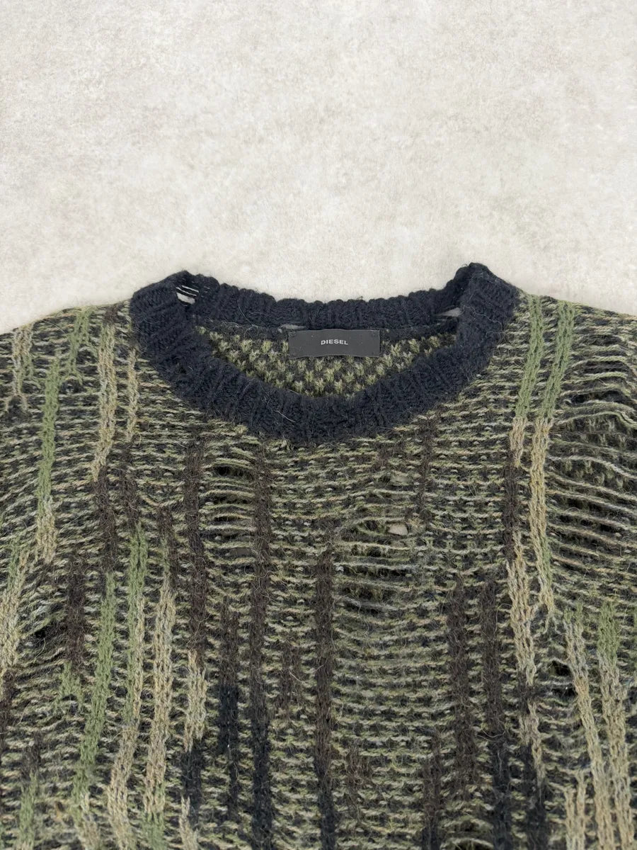 2010s Diesel Camo Green & Black Experimental Destroyed Sweater cjVueBZ 5
