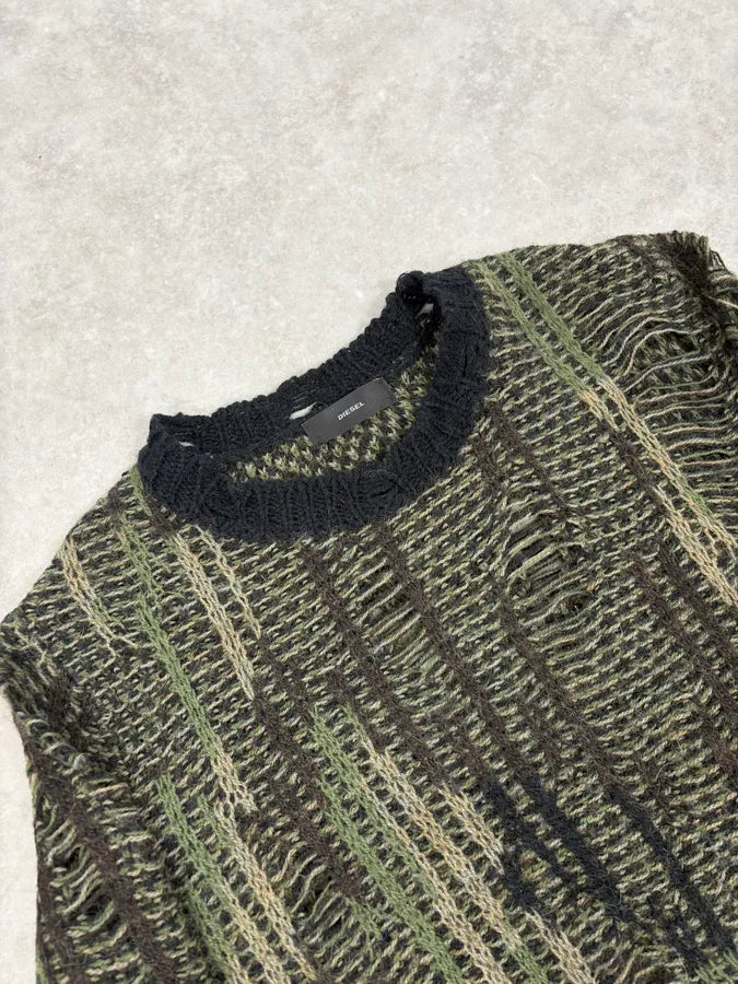 2010s Diesel Camo Green & Black Experimental Destroyed Sweater ZGrLsoC 4