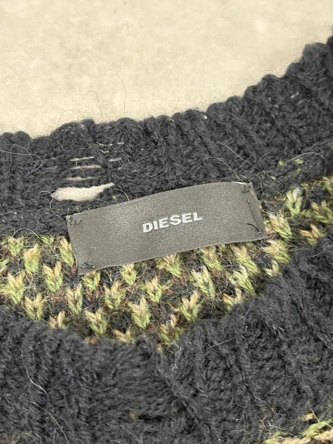 2010s Diesel Camo Green & Black Experimental Destroyed Sweater ZGrLsoC 8