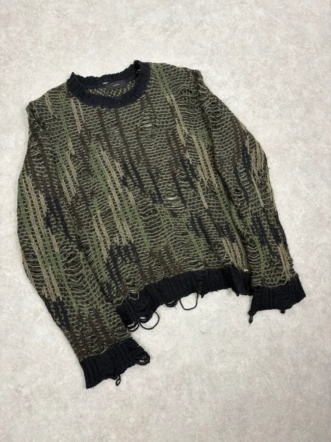 2010s Diesel Camo Green & Black Experimental Destroyed Sweater ZGrLsoC 3