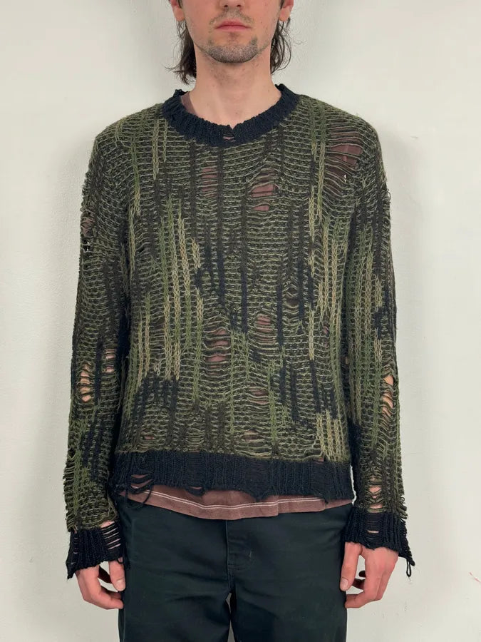 2010s Diesel Camo Green & Black Experimental Destroyed Sweater ZGrLsoC 1