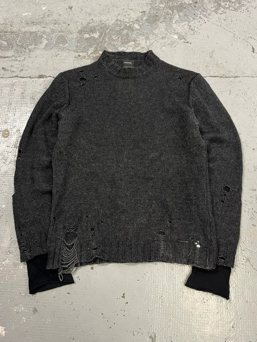 2010s Diesel Dark Grey Destroyed Wool Sweater FFopemf 0