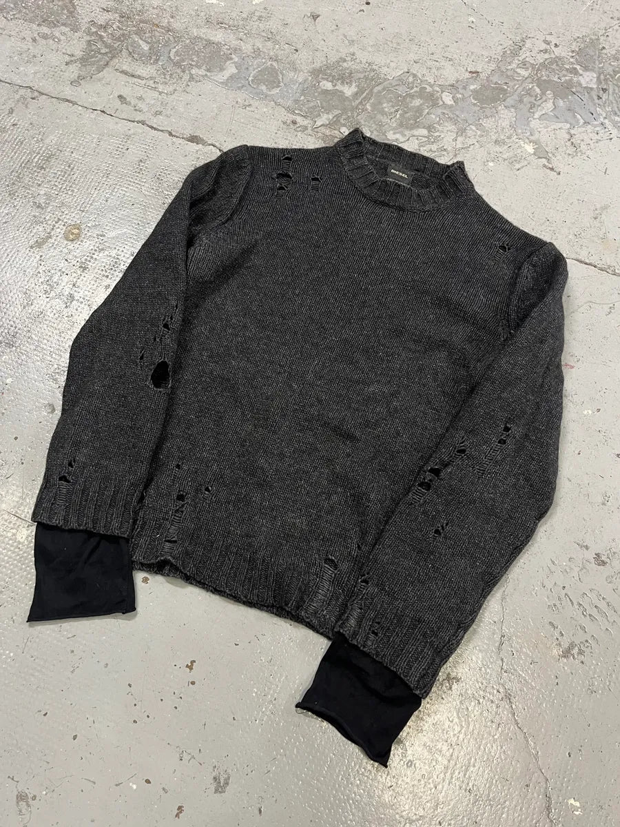 2010s Diesel Dark Grey Destroyed Wool Sweater FFopemf 3