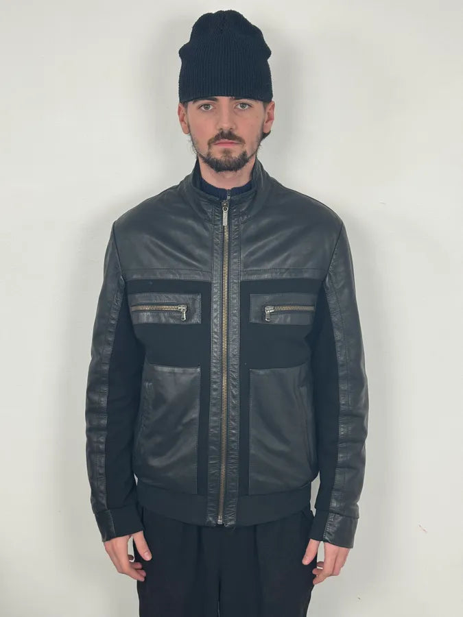 2010s Dirk Bikkembergs Black Hybrid Leather Biker Jacket MeYICIX 1