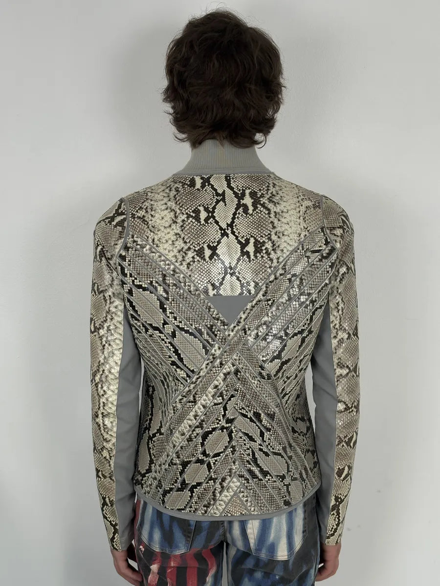 2010s Dirk Bikkembergs Grey & Beige Python Snakeskin Leather Jacket bsFakey 3