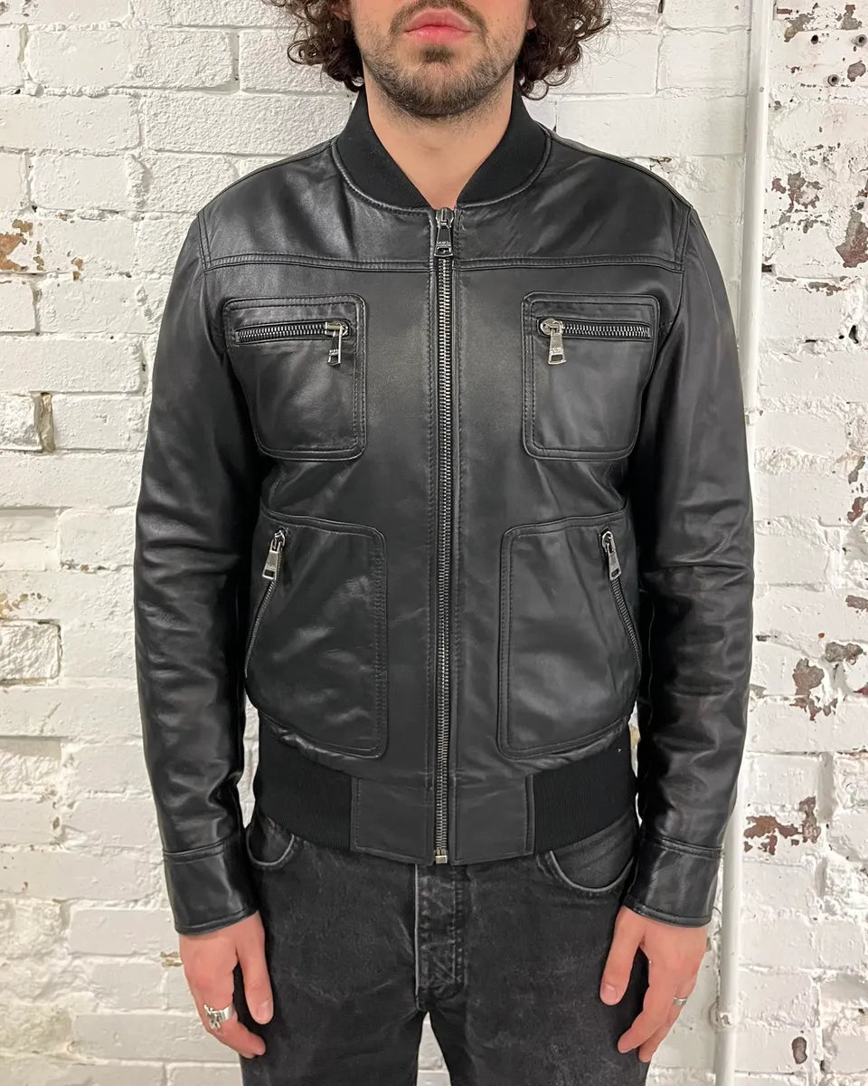 2010s Dolce & Gabbana Black Alpha Bomber Leather Jacket pFpOoaq 0
