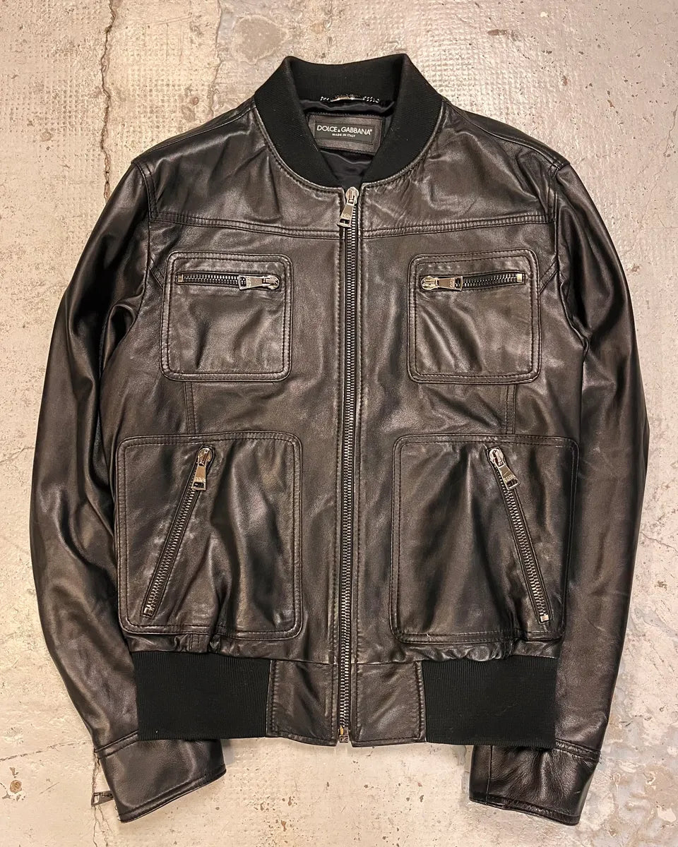 2010s Dolce & Gabbana Black Alpha Bomber Leather Jacket pFpOoaq 2