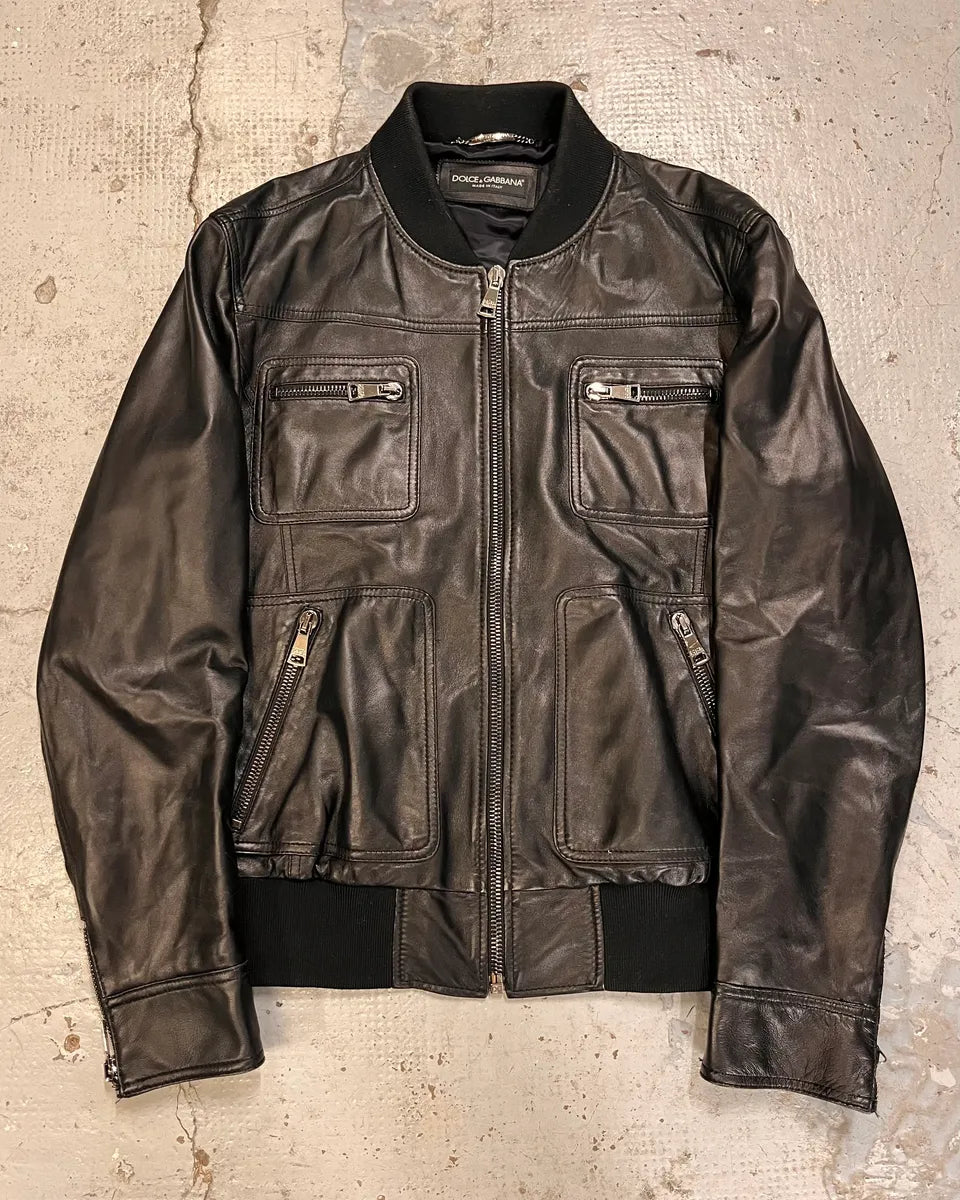 2010s Dolce & Gabbana Black Alpha Bomber Leather Jacket pFpOoaq 3